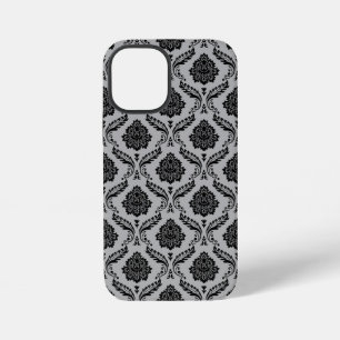 Coque iPhone 12 Mini Motif Damassé Rococo Noir sur Gris