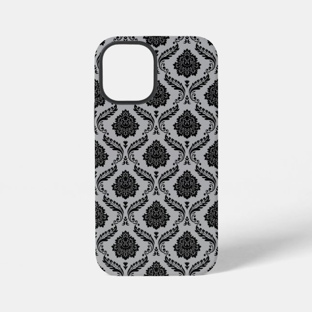Coque iPhone Motif Damassé Rococo Noir sur Gris (Verso)