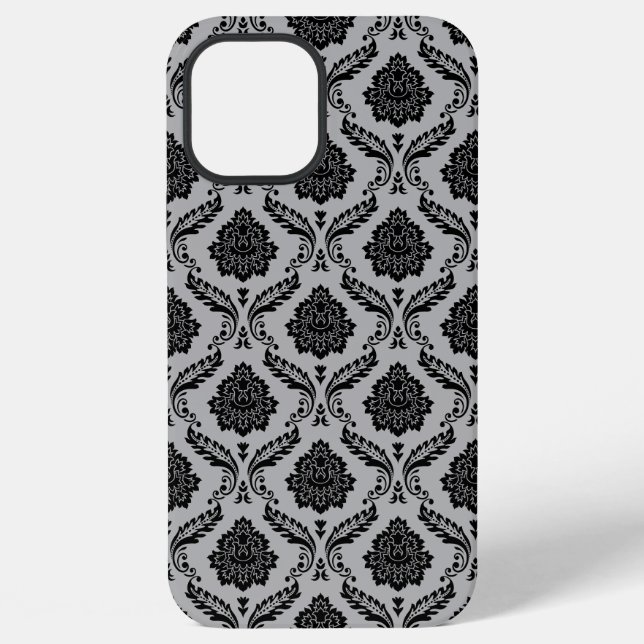 Coque iPhone Motif Damassé Rococo Noir sur Gris (Verso)