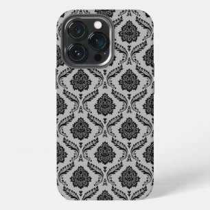 Etui iPhone 13 Pro Motif Damassé Rococo Noir sur Gris