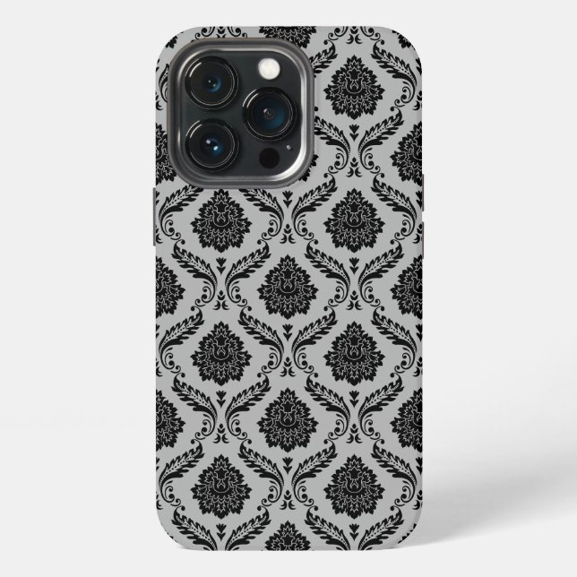 Coque iPhone Motif Damassé Rococo Noir sur Gris (Dos)