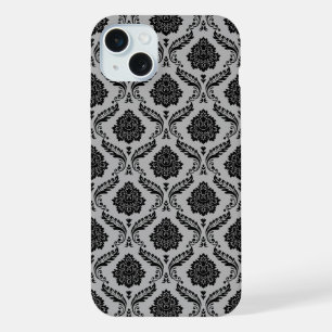 Coque iPhone 15 Plus Motif Damassé Rococo Noir sur Gris