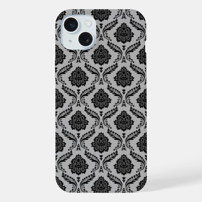 Coque iPhone Motif Damassé Rococo Noir sur Gris (Verso)