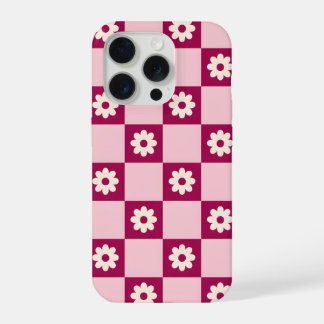 Coque iPhone 15 Pro Motif damier Marguerite rose
