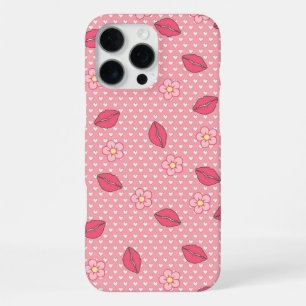 Coque iPhone 16 Pro Max Motif d'amour rose avec des lèvres et des fleurs.