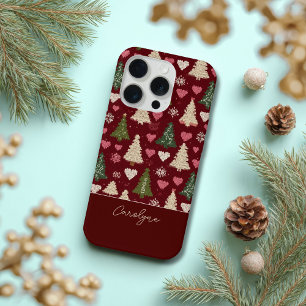 Coque iPhone 15 Pro Motif d'Arbre de Noël et de Cœurs au Tricot Mignon