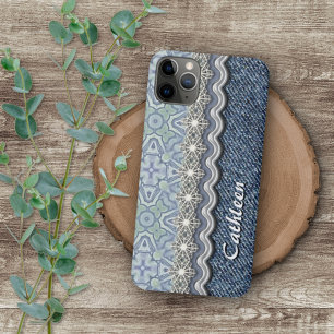 Coque iPhone 11Pro Max Motif d'art floral personnalisé Blue Mint Green Mo