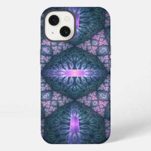 Etui iPhone 13 Motif d'art fractal 3D turquoise violet rose