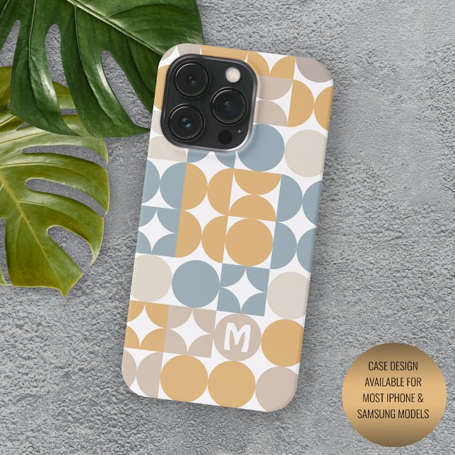 Coque iPhone Motif d'art rétro gris taupe bleu de moutarde pers (Créateur téléchargé)