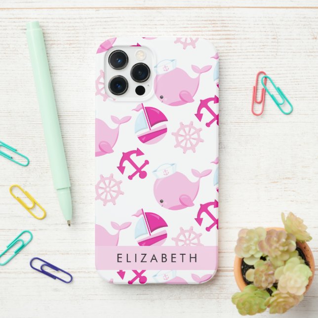 Coque iPhone Motif De Baleines, Baleines Roses, Votre Nom (Sur le bureau)