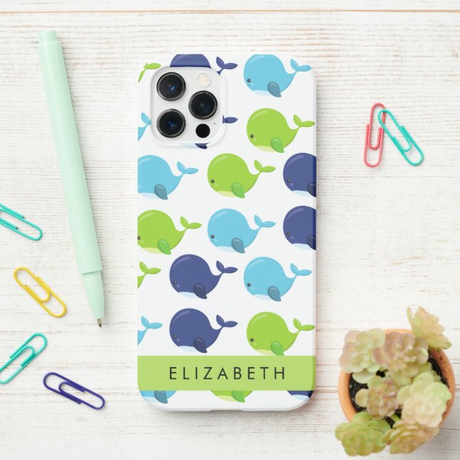 Coque iPhone Motif De Baleines, Beaux Baleines, Votre Nom (Sur le bureau)