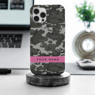 Coque iPhone 15 Pro Max Motif de camouflage gris, Votre nom, Personnaliser