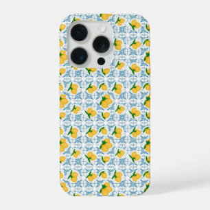 Coque iPhone 15 Pro Motif de carreaux de pays français citron bleu