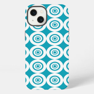 Etui iPhone 13 Motif de cercles concentriques aqua et blanc