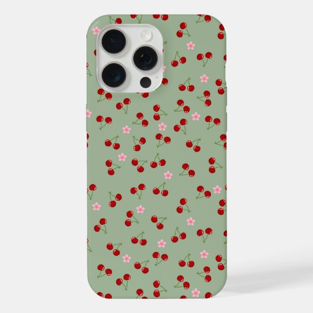 Coque iPhone Motif de cerises sur fond vert (Verso)