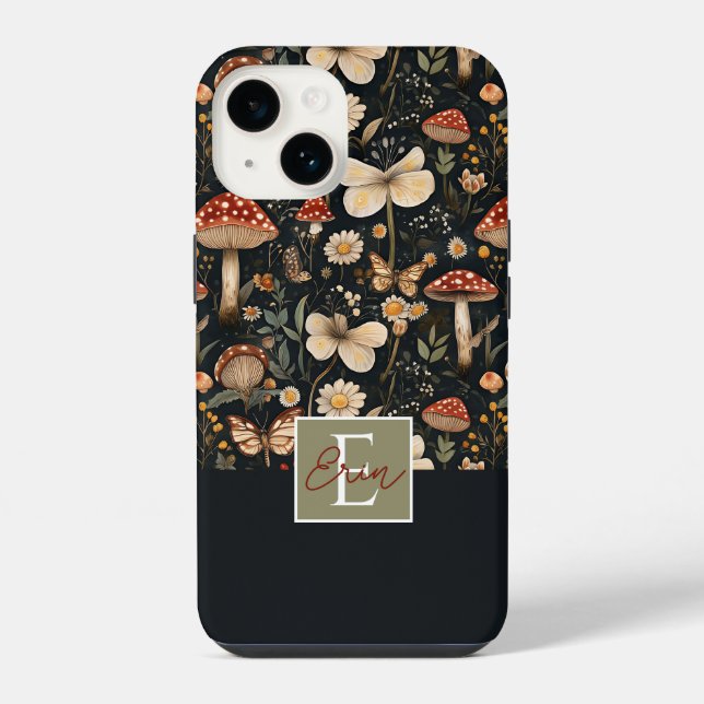 Coque iPhone Motif de champignons et de fleurs avec nom (Verso)