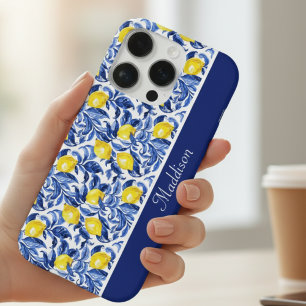 Coque iPhone 16 Pro Motif de citron à l'aquarelle bleue Monogramme Nom