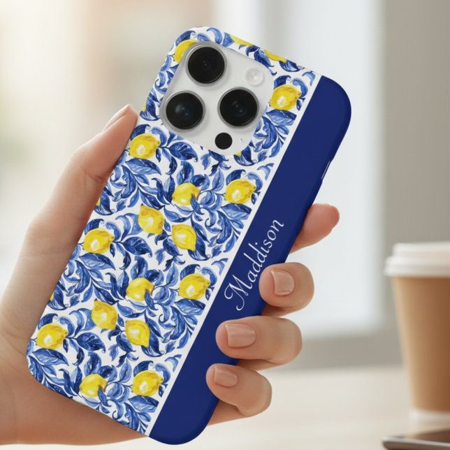 Coque iPhone Motif de citron à l'aquarelle bleue Monogramme Nom (Créateur téléchargé)