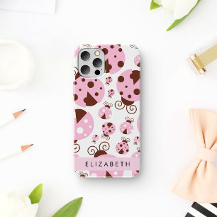Coque iPhone 12 Pro Motif de coccinelles, coccinelles roses, votre nom
