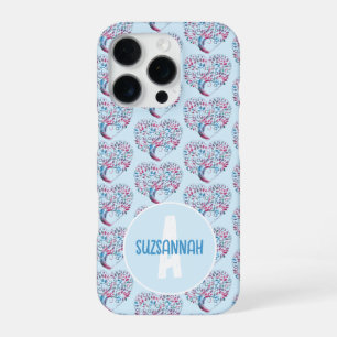 Coque iPhone 16 Pro Motif de cœur d'arbre pastel bleu coloré Monogramm