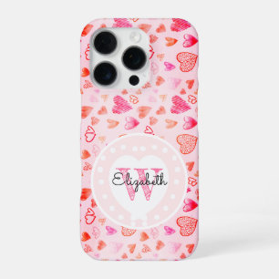 Coque iPhone 16 Pro Motif de cœur rose délicat & cœur blanc monogrammé