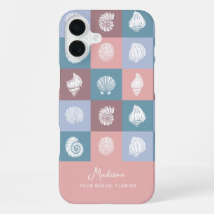 Coque iPhone 16 Plus Motif de coquillages avec nom et lieu personnalisé