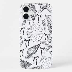Coque iPhone 16 Plus Motif de coquillages nautiques en blanc et noir