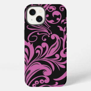 Etui iPhone 13 Motif de Damas à torsion rose sur noir