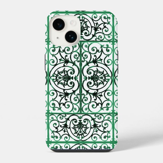 Coque iPhone Motif de défilement vert et blanc (Verso)