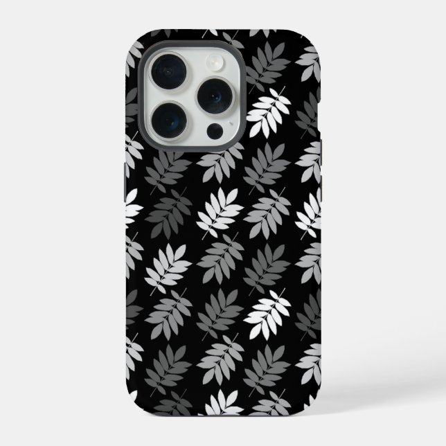Coque iPhone Motif de feuille aînée noir blanc gris (Verso)