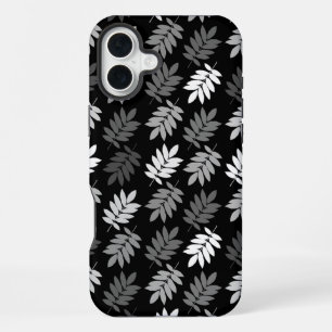 Coque iPhone 16 Plus Motif de feuille aînée noir blanc gris