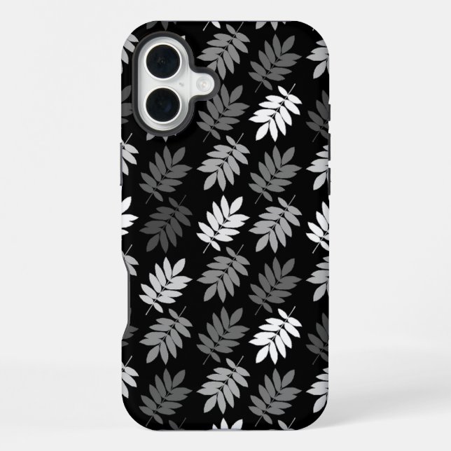 Coque iPhone Motif de feuille aînée noir blanc gris (Verso)