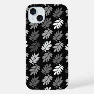 Coque iPhone 15 Plus Motif de feuille aînée noir blanc gris