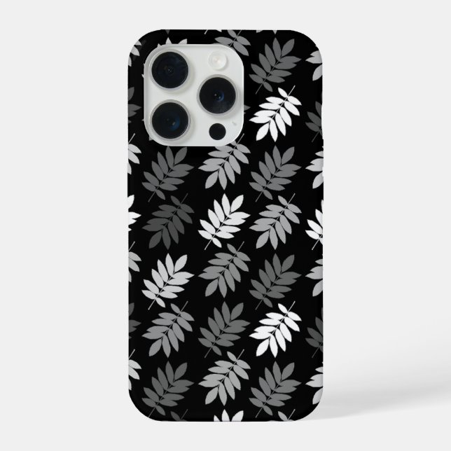 Coque iPhone Motif de feuille aînée noir blanc gris (Verso)
