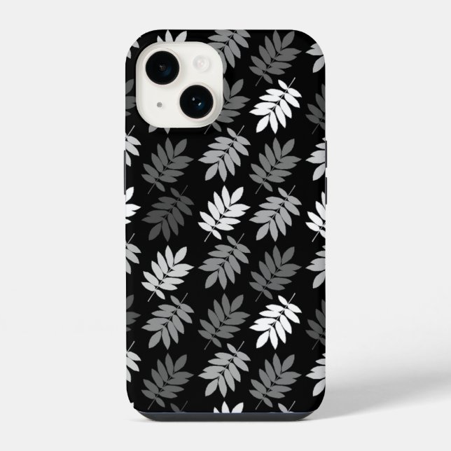 Coque iPhone Motif de feuille aînée noir blanc gris (Verso)