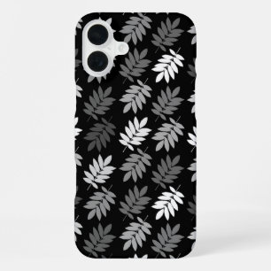 Coque iPhone 16 Plus Motif de feuille aînée noir blanc gris