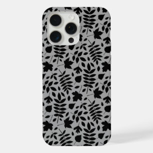 Coque iPhone 15 Pro Max Motif de feuilles mortes noir sur gris