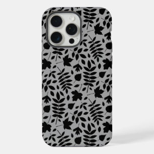 Coque iPhone 15 Pro Max Motif de feuilles mortes noir sur gris