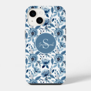Coque Pour iPhone 14 Motif de fleur à l'aquarelle bleue avec monogramme