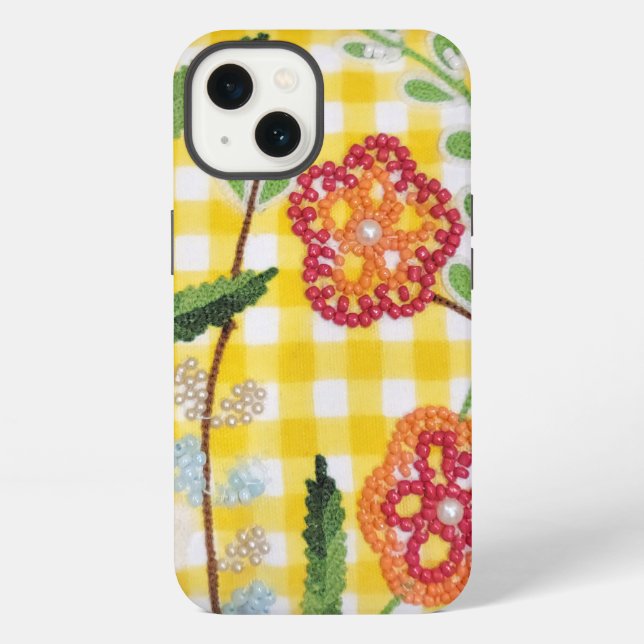 Coque iPhone Motif de fleur perlée sur gingham (Verso)