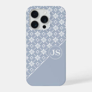 Coque iPhone 15 Pro Motif de fleurs blanches sur fond bleu poussiéreux