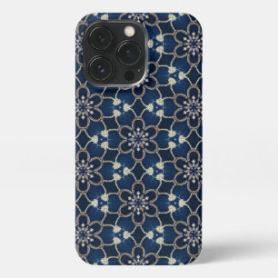 Etui iPhone 13 Pro Motif de fleurs bleu minuit