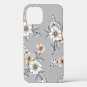 Coque iPhone 12 motif de fleurs grises et blanches sur fond gris
