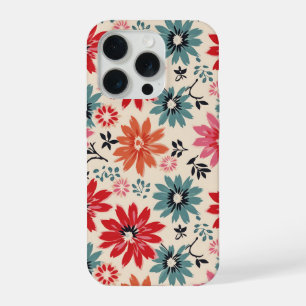 Coque iPhone 15 Pro Motif de fleurs rétro rouge orange bleu