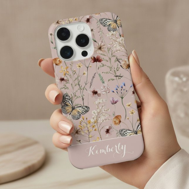 Coque iPhone Motif de fleurs sauvages à l'aquarelle rose blush  (Créateur téléchargé)