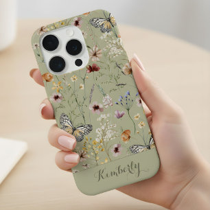 Coque iPhone 15 Pro Motif de fleurs sauvages à l'aquarelle vert sauge
