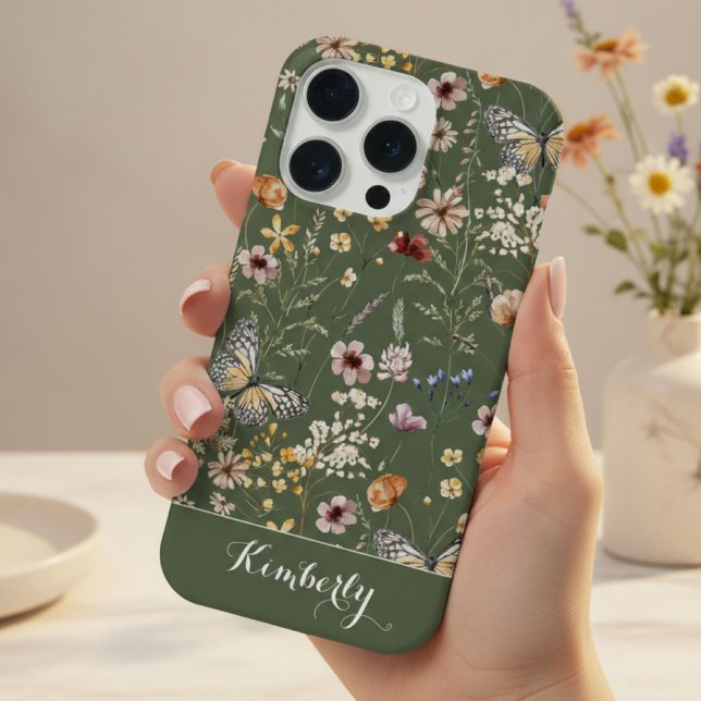 Coque iPhone Motif de fleurs sauvages aquarelle vert forêt Nom  (Créateur téléchargé)