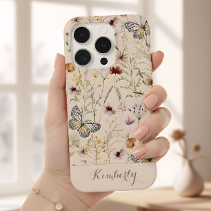 Coque iPhone 15 Pro Motif de fleurs sauvages aquarelles beige Nom