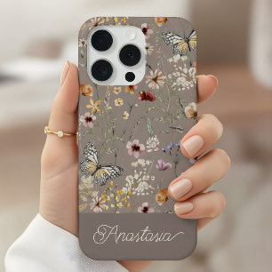 Coque iPhone 15 Pro Motif de fleurs sauvages aquarelles Boho marron