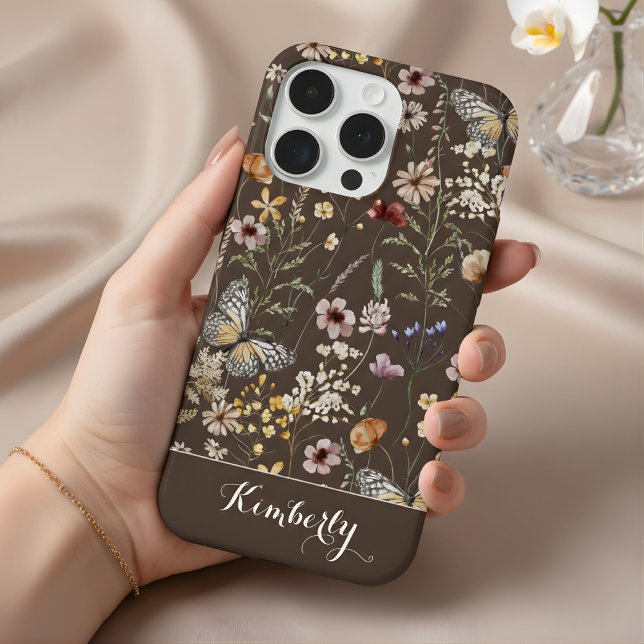 Coque iPhone Motif de fleurs sauvages aquarelles brun foncé Nom (Créateur téléchargé)